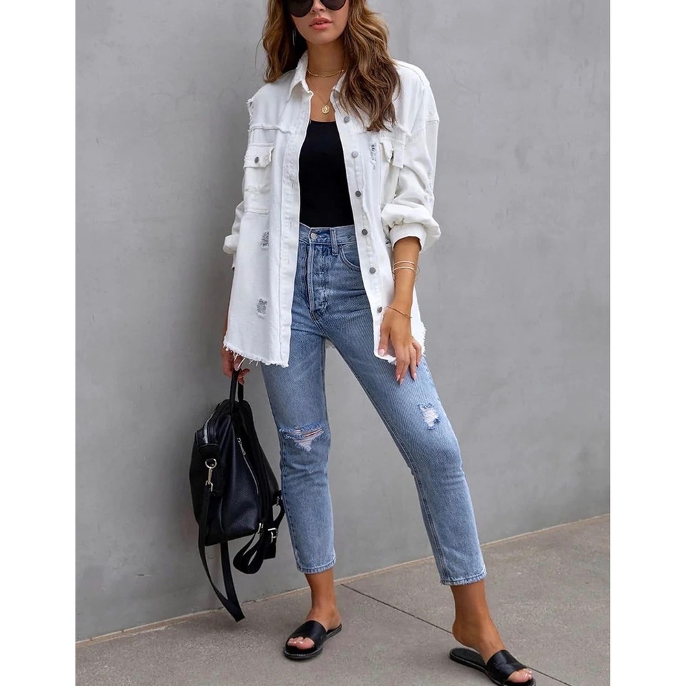 POL Distressed Denim Shacket White Oversized Star Patch XL Jean Jacket - Picture 9 of 9